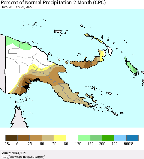 Papua New Guinea Percent of Normal Precipitation 2-Month (CPC) Thematic Map For 12/26/2021 - 2/25/2022
