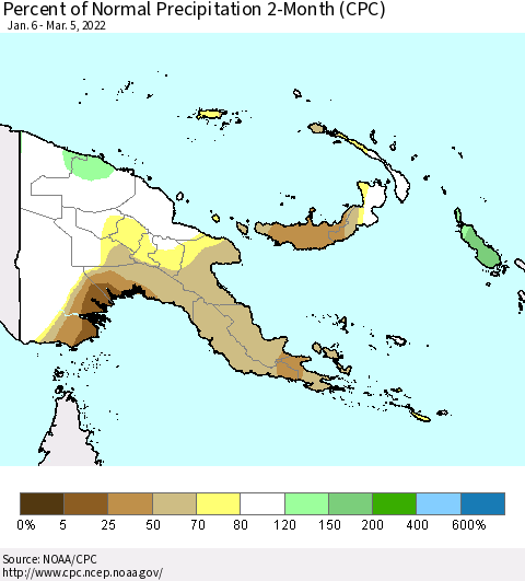 Papua New Guinea Percent of Normal Precipitation 2-Month (CPC) Thematic Map For 1/6/2022 - 3/5/2022