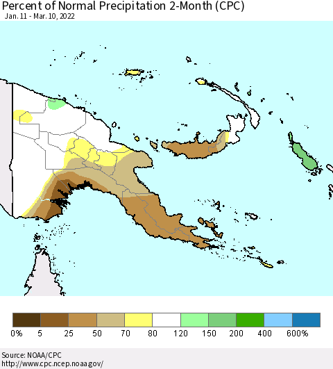 Papua New Guinea Percent of Normal Precipitation 2-Month (CPC) Thematic Map For 1/11/2022 - 3/10/2022