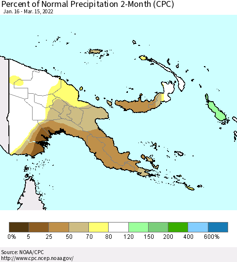 Papua New Guinea Percent of Normal Precipitation 2-Month (CPC) Thematic Map For 1/16/2022 - 3/15/2022
