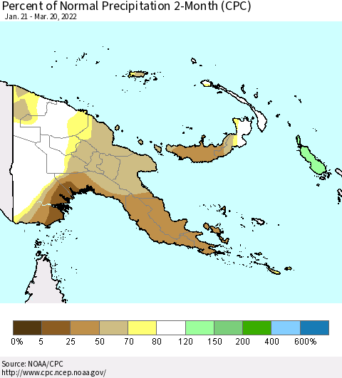 Papua New Guinea Percent of Normal Precipitation 2-Month (CPC) Thematic Map For 1/21/2022 - 3/20/2022