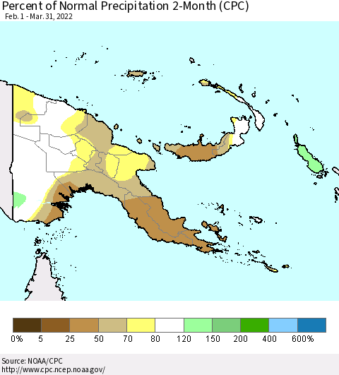 Papua New Guinea Percent of Normal Precipitation 2-Month (CPC) Thematic Map For 2/1/2022 - 3/31/2022