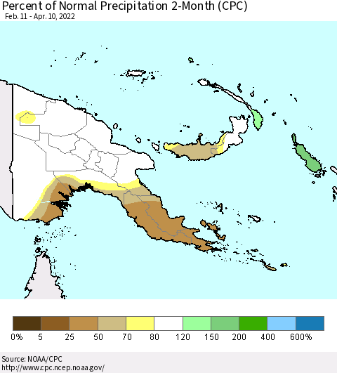 Papua New Guinea Percent of Normal Precipitation 2-Month (CPC) Thematic Map For 2/11/2022 - 4/10/2022