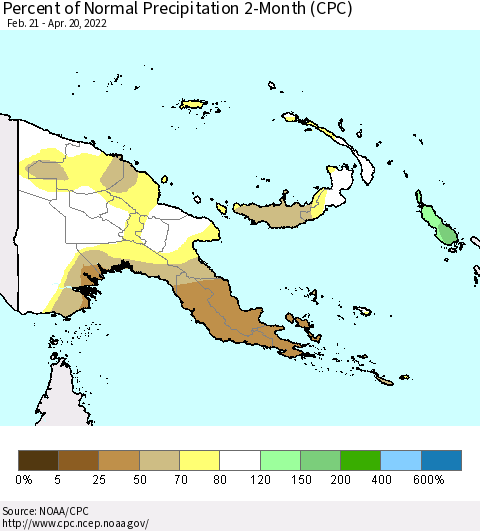Papua New Guinea Percent of Normal Precipitation 2-Month (CPC) Thematic Map For 2/21/2022 - 4/20/2022