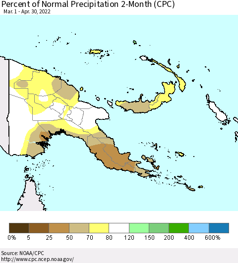 Papua New Guinea Percent of Normal Precipitation 2-Month (CPC) Thematic Map For 3/1/2022 - 4/30/2022