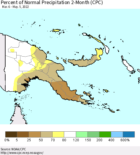 Papua New Guinea Percent of Normal Precipitation 2-Month (CPC) Thematic Map For 3/6/2022 - 5/5/2022
