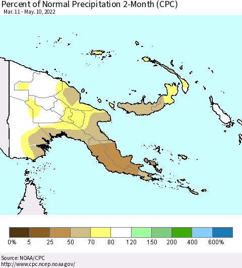 Papua New Guinea Percent of Normal Precipitation 2-Month (CPC) Thematic Map For 3/11/2022 - 5/10/2022