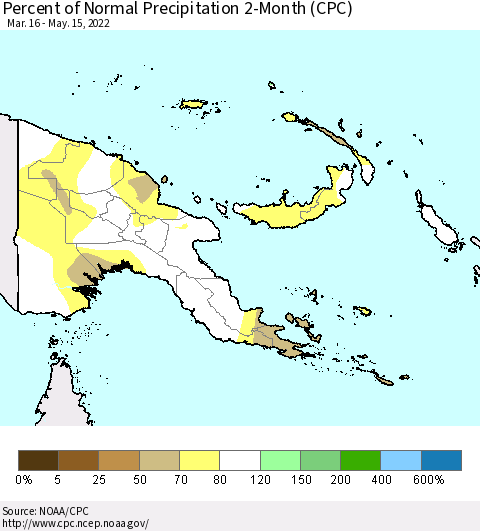 Papua New Guinea Percent of Normal Precipitation 2-Month (CPC) Thematic Map For 3/16/2022 - 5/15/2022