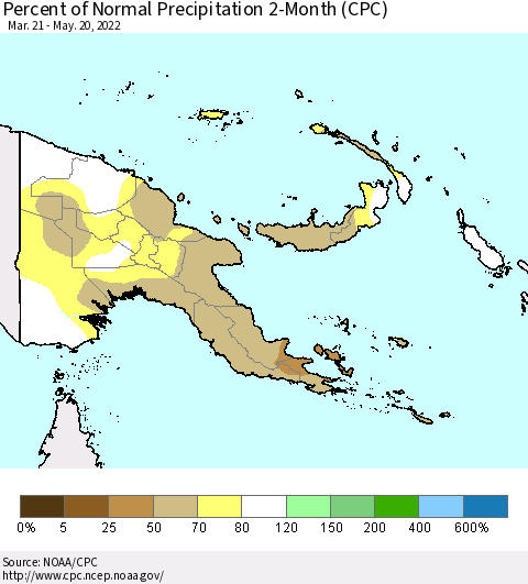 Papua New Guinea Percent of Normal Precipitation 2-Month (CPC) Thematic Map For 3/21/2022 - 5/20/2022