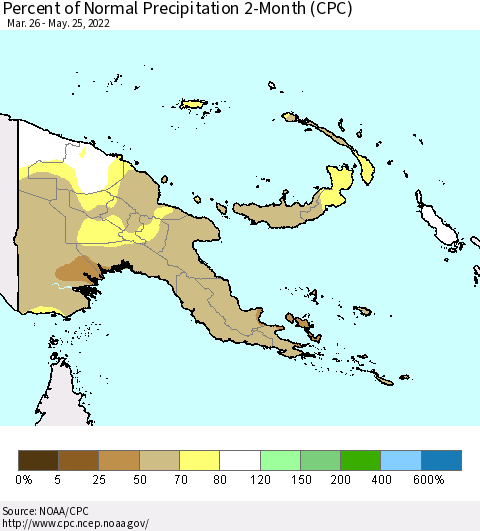 Papua New Guinea Percent of Normal Precipitation 2-Month (CPC) Thematic Map For 3/26/2022 - 5/25/2022