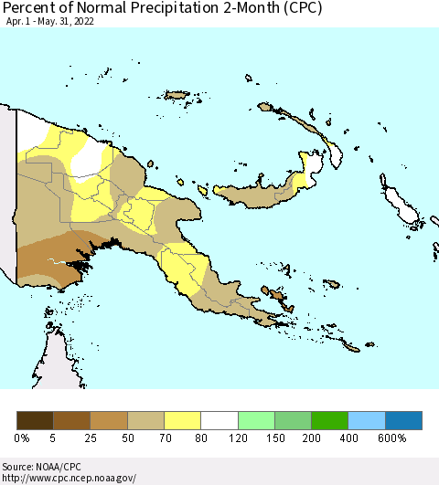Papua New Guinea Percent of Normal Precipitation 2-Month (CPC) Thematic Map For 4/1/2022 - 5/31/2022