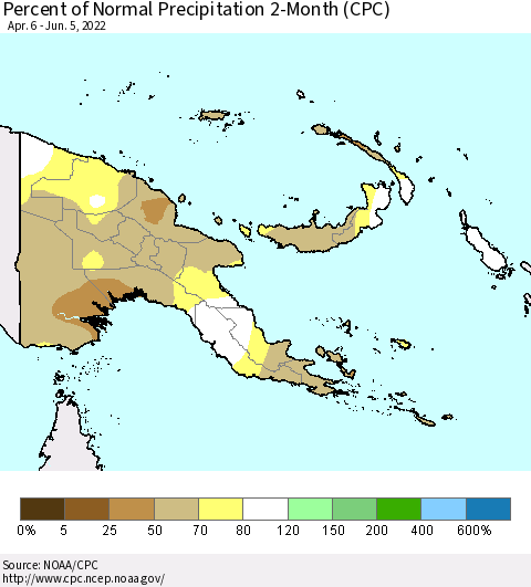 Papua New Guinea Percent of Normal Precipitation 2-Month (CPC) Thematic Map For 4/6/2022 - 6/5/2022