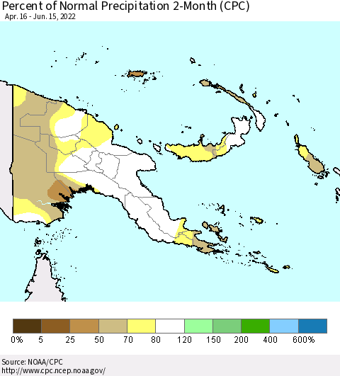 Papua New Guinea Percent of Normal Precipitation 2-Month (CPC) Thematic Map For 4/16/2022 - 6/15/2022