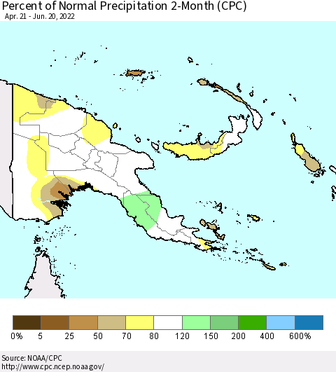 Papua New Guinea Percent of Normal Precipitation 2-Month (CPC) Thematic Map For 4/21/2022 - 6/20/2022