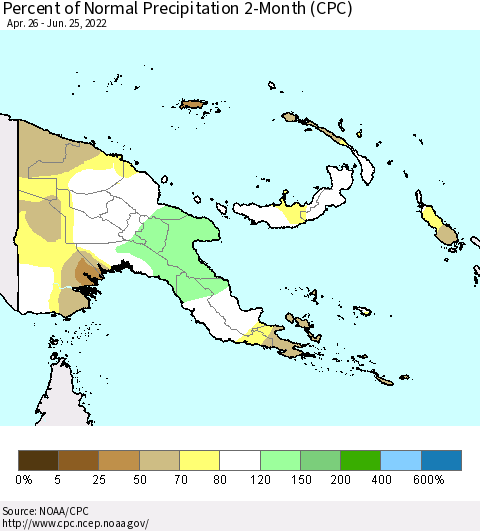 Papua New Guinea Percent of Normal Precipitation 2-Month (CPC) Thematic Map For 4/26/2022 - 6/25/2022