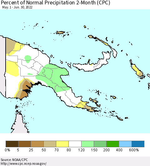 Papua New Guinea Percent of Normal Precipitation 2-Month (CPC) Thematic Map For 5/1/2022 - 6/30/2022