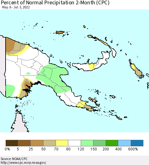 Papua New Guinea Percent of Normal Precipitation 2-Month (CPC) Thematic Map For 5/6/2022 - 7/5/2022