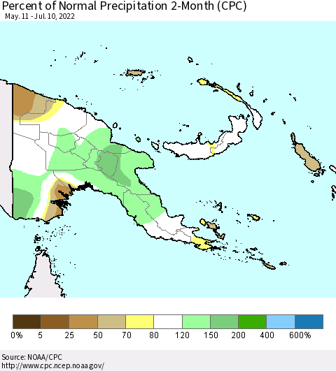 Papua New Guinea Percent of Normal Precipitation 2-Month (CPC) Thematic Map For 5/11/2022 - 7/10/2022