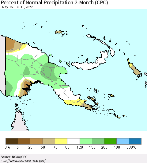 Papua New Guinea Percent of Normal Precipitation 2-Month (CPC) Thematic Map For 5/16/2022 - 7/15/2022
