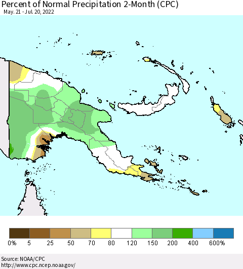 Papua New Guinea Percent of Normal Precipitation 2-Month (CPC) Thematic Map For 5/21/2022 - 7/20/2022
