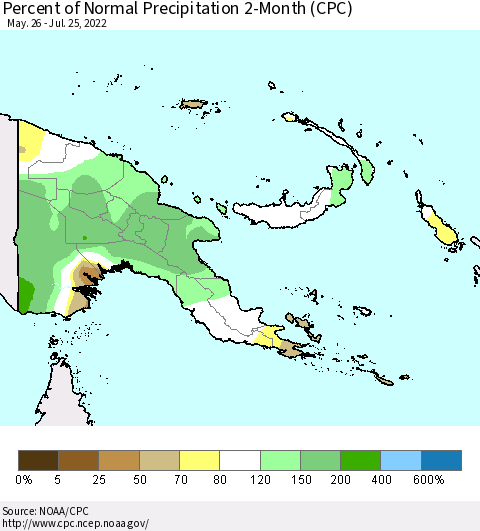 Papua New Guinea Percent of Normal Precipitation 2-Month (CPC) Thematic Map For 5/26/2022 - 7/25/2022