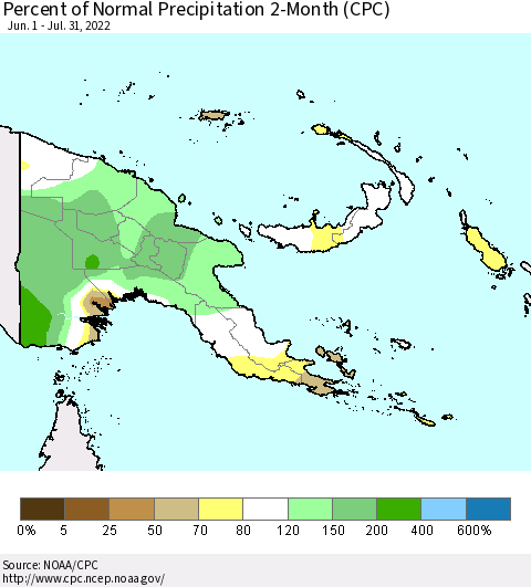Papua New Guinea Percent of Normal Precipitation 2-Month (CPC) Thematic Map For 6/1/2022 - 7/31/2022