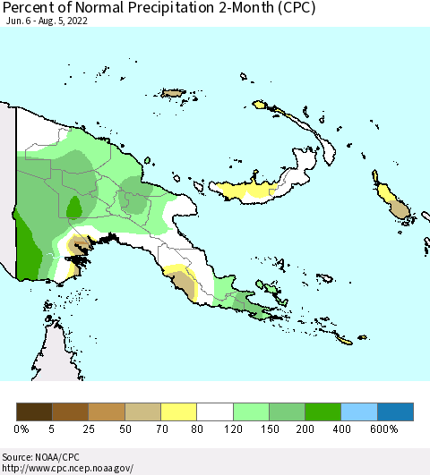 Papua New Guinea Percent of Normal Precipitation 2-Month (CPC) Thematic Map For 6/6/2022 - 8/5/2022