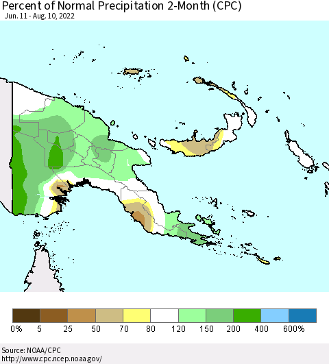 Papua New Guinea Percent of Normal Precipitation 2-Month (CPC) Thematic Map For 6/11/2022 - 8/10/2022