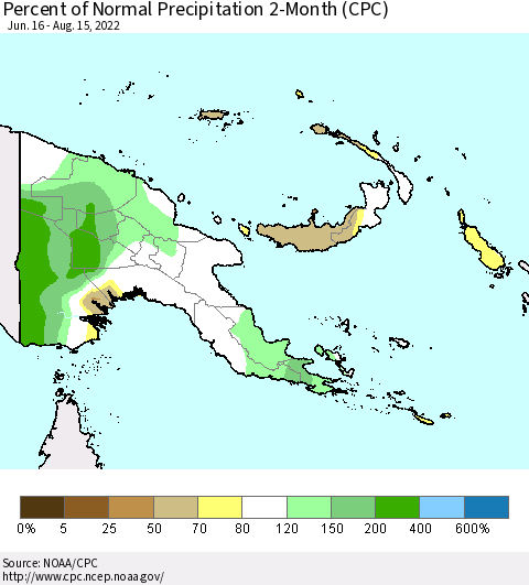 Papua New Guinea Percent of Normal Precipitation 2-Month (CPC) Thematic Map For 6/16/2022 - 8/15/2022