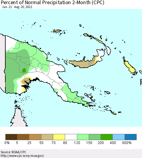 Papua New Guinea Percent of Normal Precipitation 2-Month (CPC) Thematic Map For 6/21/2022 - 8/20/2022