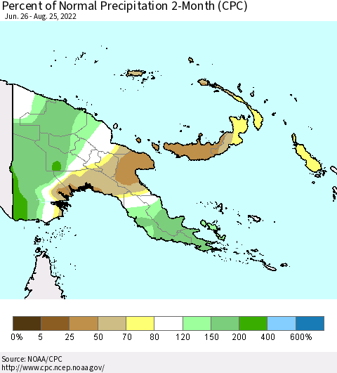 Papua New Guinea Percent of Normal Precipitation 2-Month (CPC) Thematic Map For 6/26/2022 - 8/25/2022