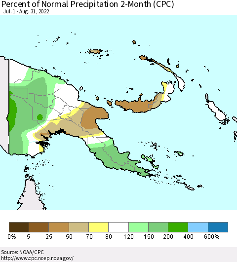 Papua New Guinea Percent of Normal Precipitation 2-Month (CPC) Thematic Map For 7/1/2022 - 8/31/2022