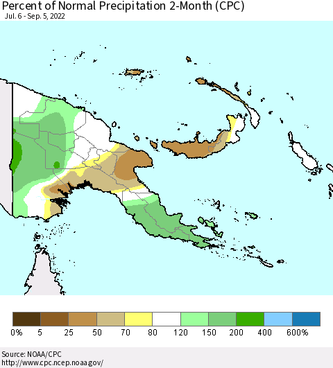 Papua New Guinea Percent of Normal Precipitation 2-Month (CPC) Thematic Map For 7/6/2022 - 9/5/2022