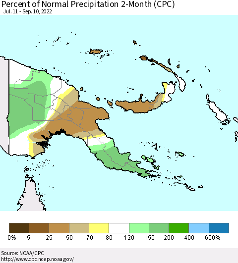 Papua New Guinea Percent of Normal Precipitation 2-Month (CPC) Thematic Map For 7/11/2022 - 9/10/2022