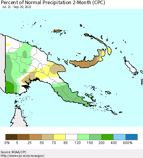 Papua New Guinea Percent of Normal Precipitation 2-Month (CPC) Thematic Map For 7/21/2022 - 9/20/2022