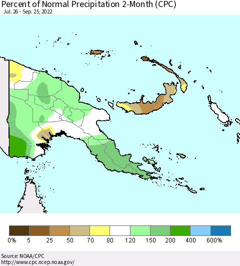 Papua New Guinea Percent of Normal Precipitation 2-Month (CPC) Thematic Map For 7/26/2022 - 9/25/2022