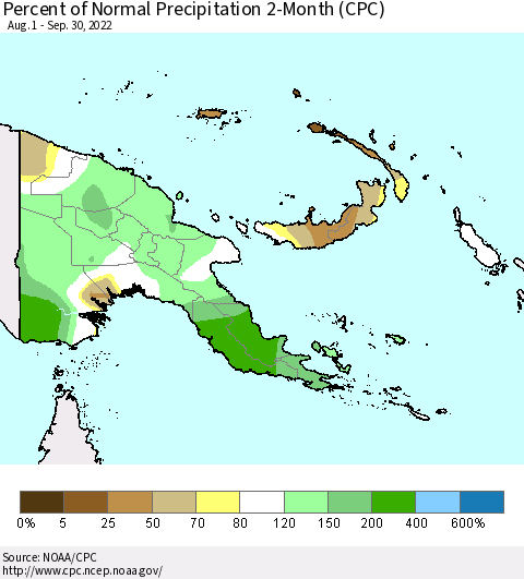Papua New Guinea Percent of Normal Precipitation 2-Month (CPC) Thematic Map For 8/1/2022 - 9/30/2022