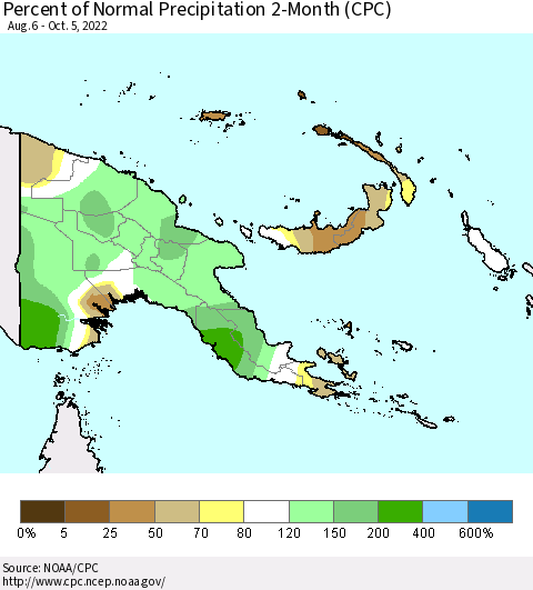 Papua New Guinea Percent of Normal Precipitation 2-Month (CPC) Thematic Map For 8/6/2022 - 10/5/2022
