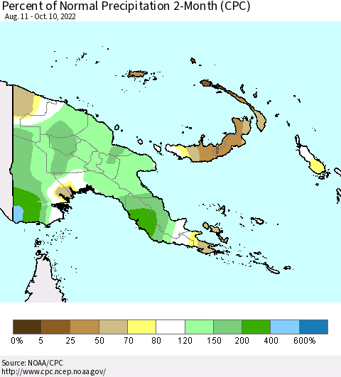 Papua New Guinea Percent of Normal Precipitation 2-Month (CPC) Thematic Map For 8/11/2022 - 10/10/2022