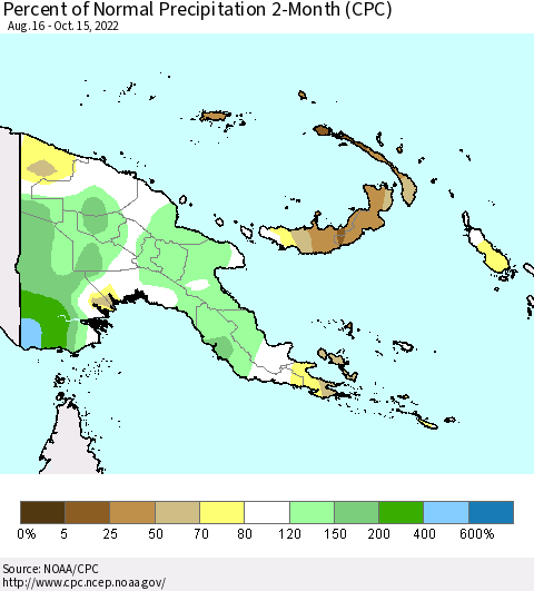 Papua New Guinea Percent of Normal Precipitation 2-Month (CPC) Thematic Map For 8/16/2022 - 10/15/2022