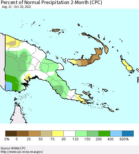 Papua New Guinea Percent of Normal Precipitation 2-Month (CPC) Thematic Map For 8/21/2022 - 10/20/2022