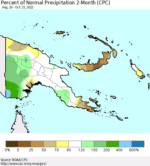 Papua New Guinea Percent of Normal Precipitation 2-Month (CPC) Thematic Map For 8/26/2022 - 10/25/2022