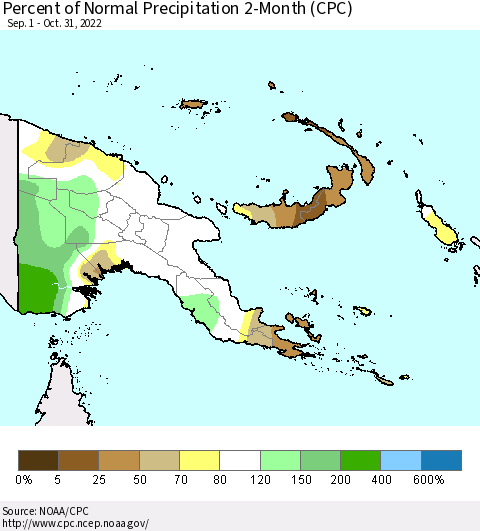 Papua New Guinea Percent of Normal Precipitation 2-Month (CPC) Thematic Map For 9/1/2022 - 10/31/2022