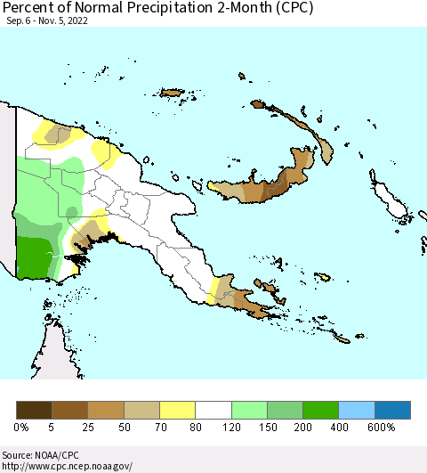 Papua New Guinea Percent of Normal Precipitation 2-Month (CPC) Thematic Map For 9/6/2022 - 11/5/2022