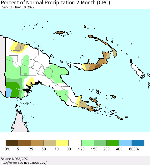 Papua New Guinea Percent of Normal Precipitation 2-Month (CPC) Thematic Map For 9/11/2022 - 11/10/2022
