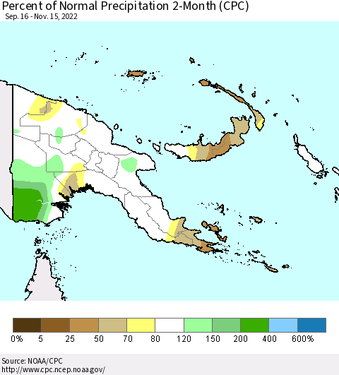 Papua New Guinea Percent of Normal Precipitation 2-Month (CPC) Thematic Map For 9/16/2022 - 11/15/2022