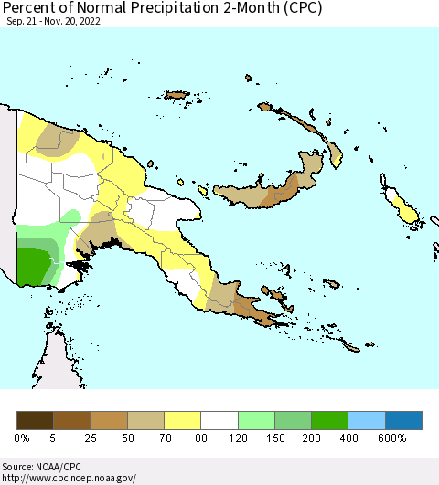 Papua New Guinea Percent of Normal Precipitation 2-Month (CPC) Thematic Map For 9/21/2022 - 11/20/2022