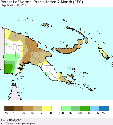 Papua New Guinea Percent of Normal Precipitation 2-Month (CPC) Thematic Map For 9/26/2022 - 11/25/2022