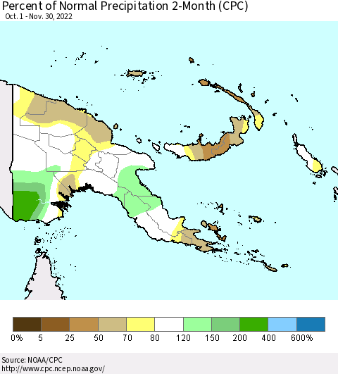 Papua New Guinea Percent of Normal Precipitation 2-Month (CPC) Thematic Map For 10/1/2022 - 11/30/2022