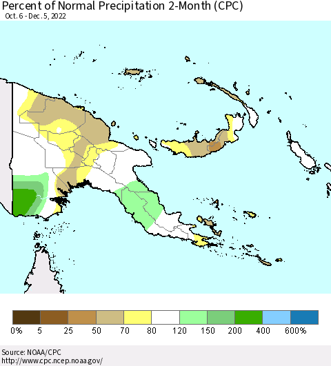 Papua New Guinea Percent of Normal Precipitation 2-Month (CPC) Thematic Map For 10/6/2022 - 12/5/2022